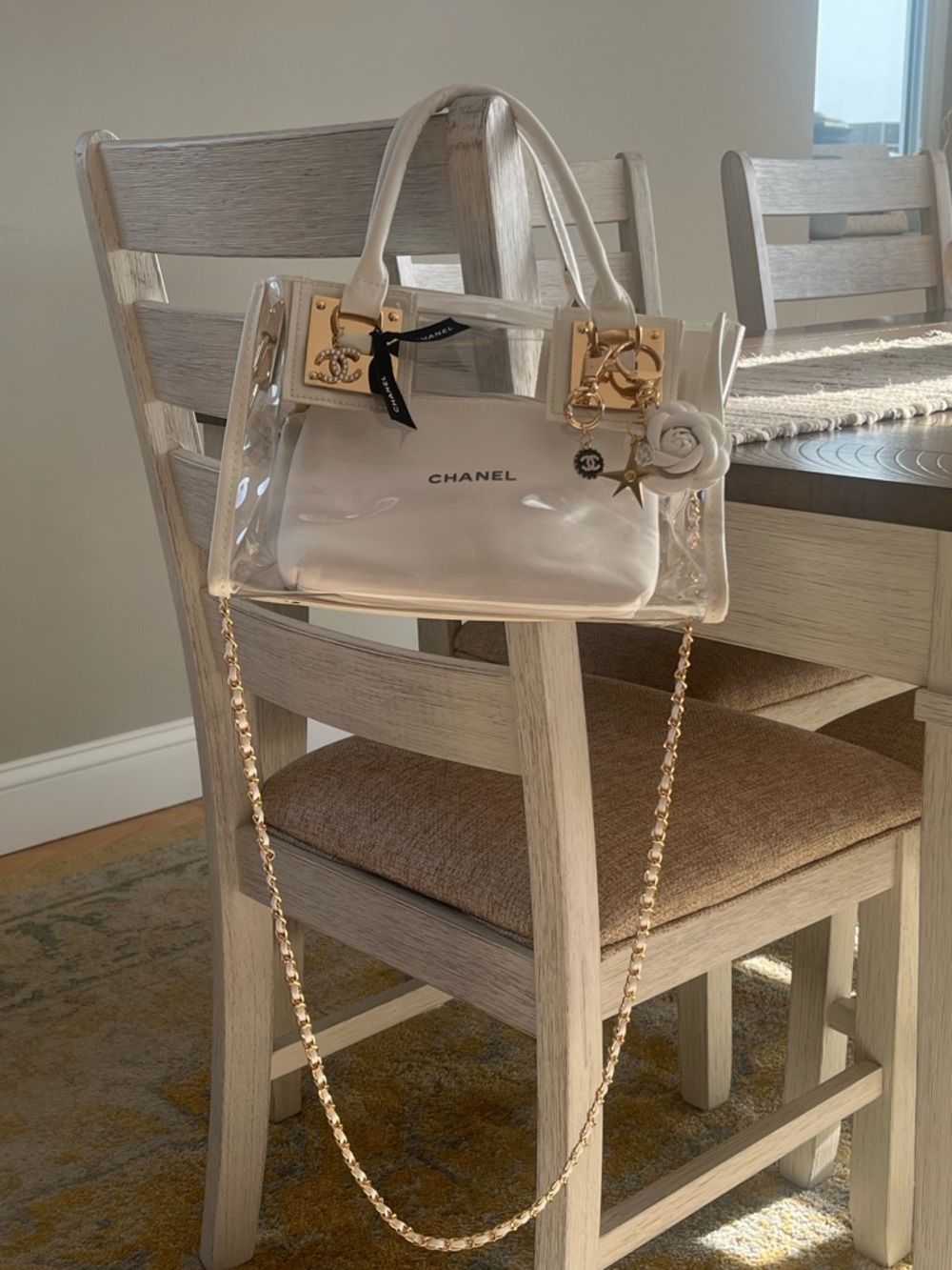 Custom Upcycled Chanel Beauté Clear Bag - Authentic Charms, Ribbon & Makeup Bag - Picture 2 of 16